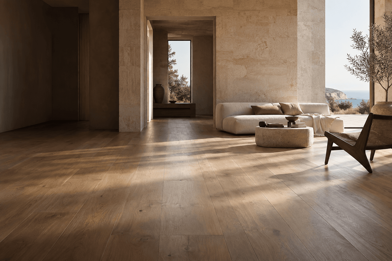 Sunlit interior with natural wood-look flooring