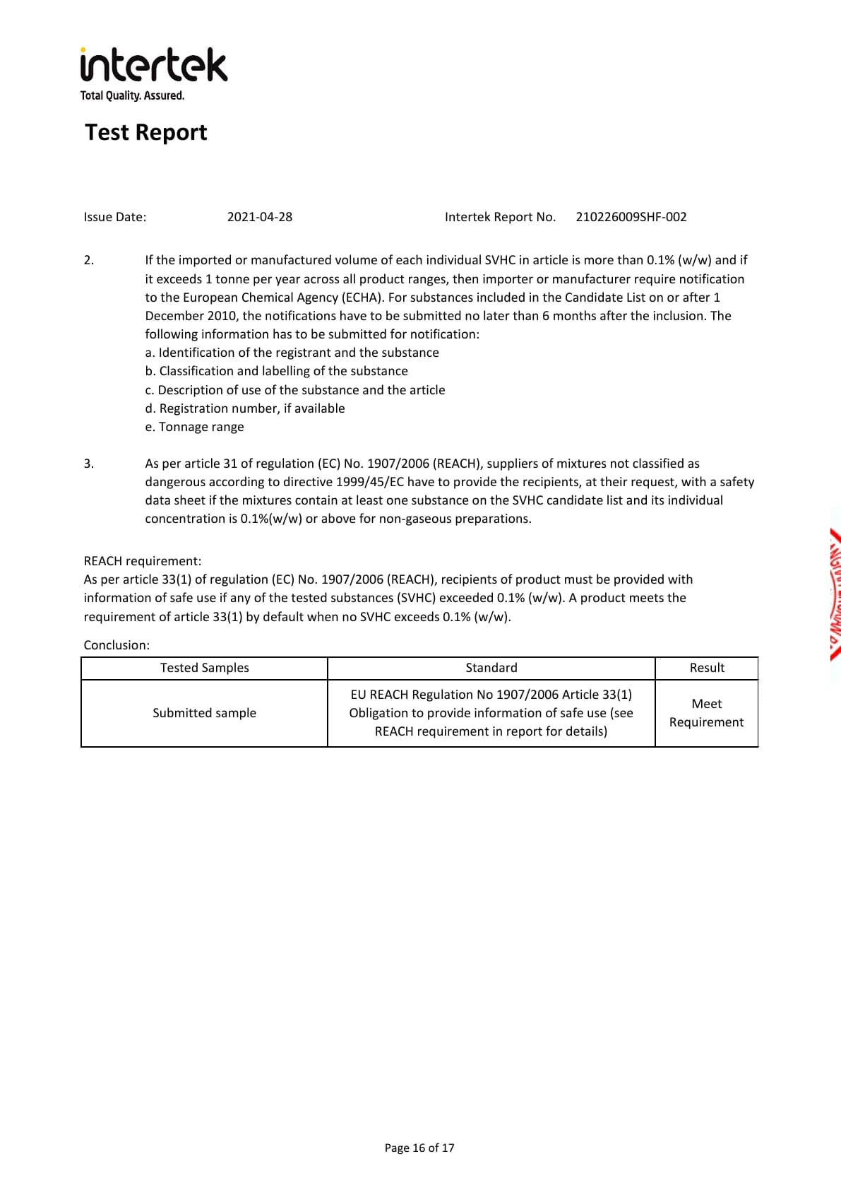 REACH — REACH SVHC Test Report anteprima della pagina selezionata